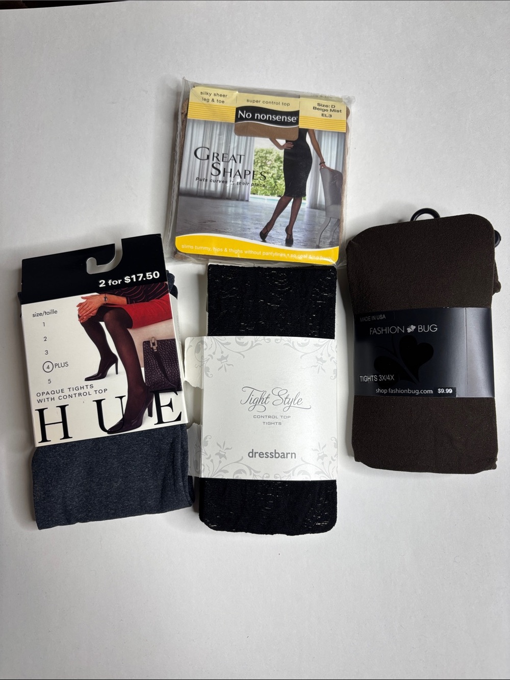 Variety of 4 tights. No Nonsense, Fashion Bug, Dressbarn and Hue.